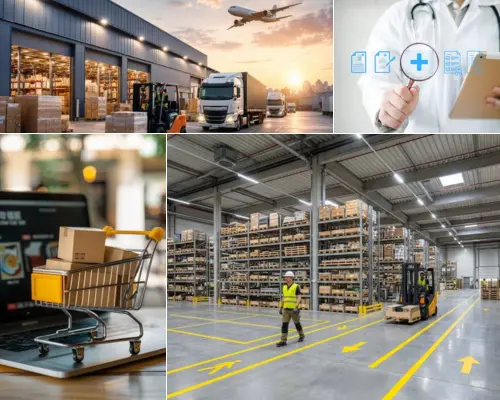 A four-panel industry collage addressing Can ERPNext be customized for specific industries by Digital Dividend. The top-left panel displays an outdoor logistics hub with semi-trucks, a forklift, and a flying cargo plane. The top-right shows a close-up of a healthcare professional in a lab coat holding a magnifying glass and a digital tablet with medical icons. The bottom-left features a miniature yellow shopping cart loaded with cardboard boxes sitting on a laptop keyboard to represent e-commerce, while the large right panel captures an expansive, organized supply chain warehouse with a worker in a safety vest and an operating forklift.