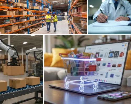 A four-panel collage demonstrating Can Odoo be customized for specific industries by Digital Dividend. The graphic highlights multiple commercial sectors: the top-left panel shows two warehouse workers in safety vests and hard hats managing inventory down a long aisle of storage racks; the top-right features a close-up of a doctor in a white lab coat writing notes at a medical desk; the bottom-left illustrates automated manufacturing with a robotic arm moving cardboard boxes along a conveyor belt line; and the prominent right panel captures an e-commerce retail setting with a miniature shopping cart resting on an open laptop displaying an online storefront.