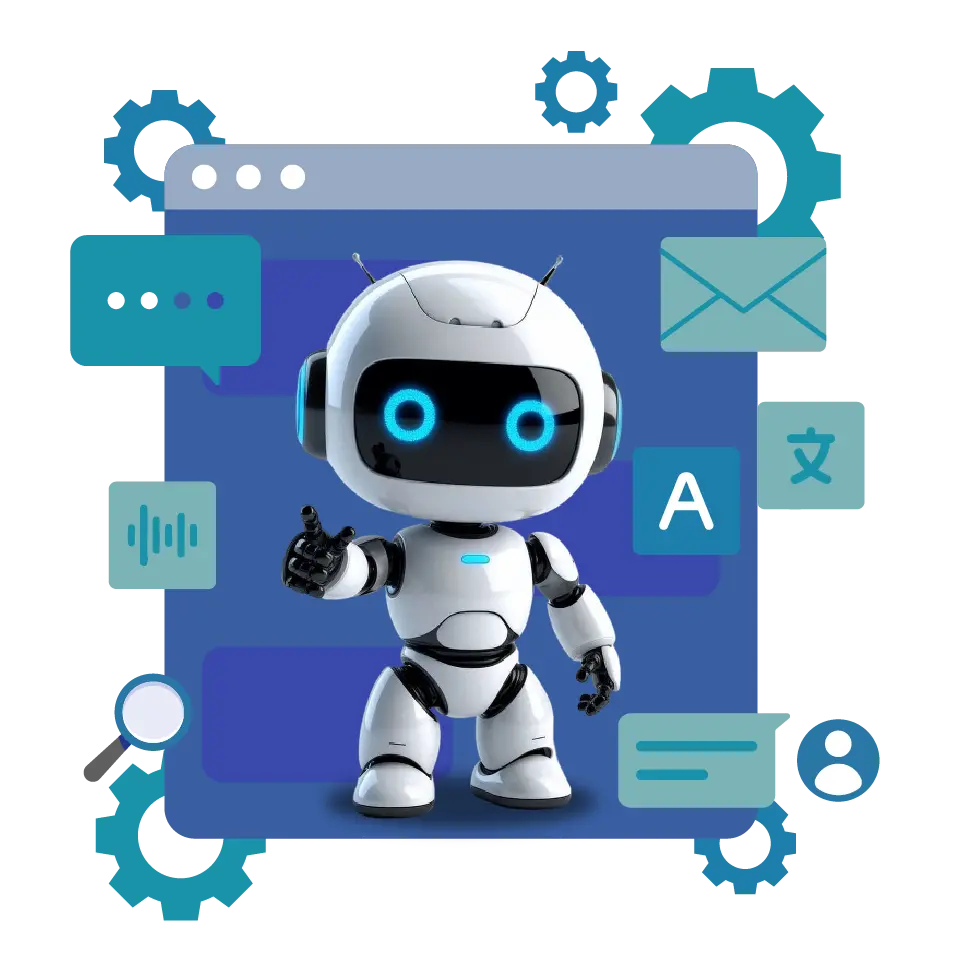 A friendly AI chatbot character standing in front of a digital web interface with speech bubbles, translation icons, and sound waves, representing Conversational AI Consulting by Digital Dividend.