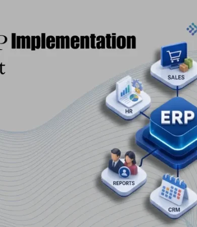 A 3D diagram illustrating an ERP software hub connected to modules like Sales, Inventory, Accounts, CRM, Reports, and HR to explain ERP Implementation Cost, by Digital Dividend.