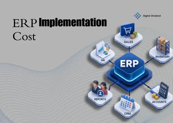 A 3D diagram illustrating an ERP software hub connected to modules like Sales, Inventory, Accounts, CRM, Reports, and HR to explain ERP Implementation Cost, by Digital Dividend.