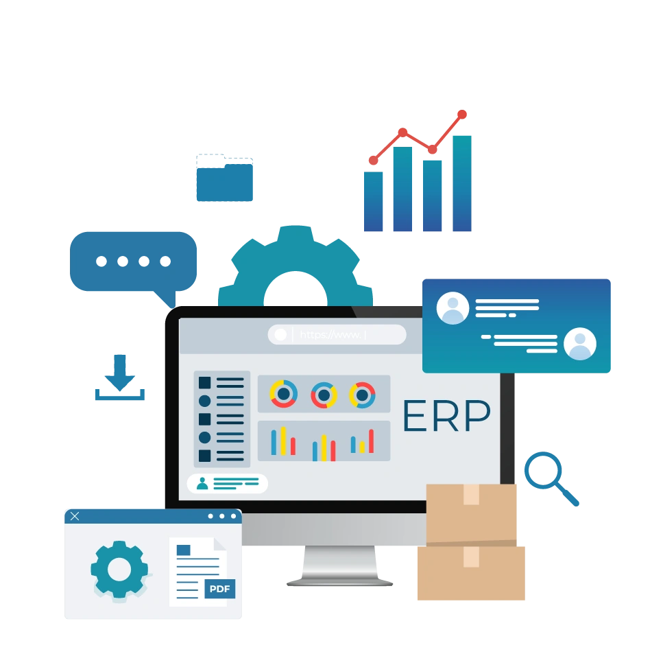A flat design vector illustration highlighting ERPNext Customization Services by Digital Dividend. The graphic features a central desktop computer monitor displaying an "ERP" software system dashboard with colorful pie charts, bar graphs, and side navigation menus. Surrounding the monitor are various enterprise icons: a large teal cog wheel gear, a blue user chat box, an analytics bar chart with a rising red trend line, a file folder, a download button, a magnifying glass, stacked cardboard logistics boxes, and an external window showing a setting gear next to a PDF document.