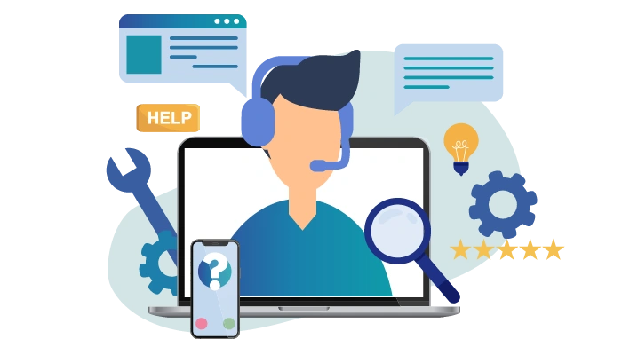 A business technology and customer help graphic illustrating ERPNext Support Services by Digital Dividend. The vector illustration features an open laptop screen displaying a customer support agent avatar wearing a blue communication headset. Surrounding the laptop are various technical assistance and troubleshooting icons, including floating chat text bubbles, an orange "HELP" button, a blue wrench, mechanical gears, a magnifying glass, a lightbulb representing ideas, and a five-star quality rating indicator. A smartphone displaying a question mark icon on its screen stands upright in the foreground on the left.