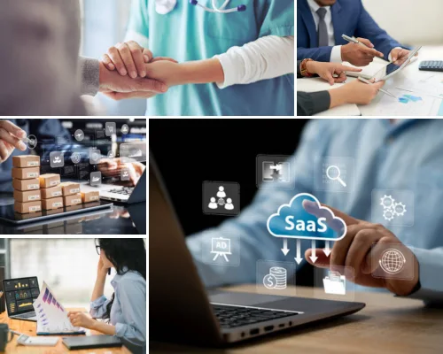 A collage showing key industries we serve at Digital Dividend, including healthcare, finance, e-commerce, and SaaS solutions.