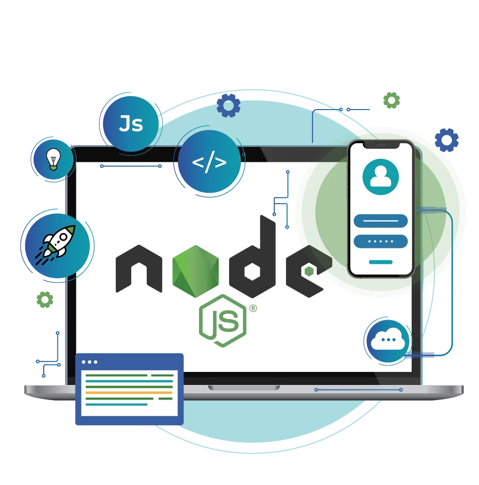 A laptop screen displaying the Node.js logo surrounded by software development icons including JavaScript, coding brackets, cloud computing, and a smartphone app interface, representing Node.js Development Services by Digital Dividend.