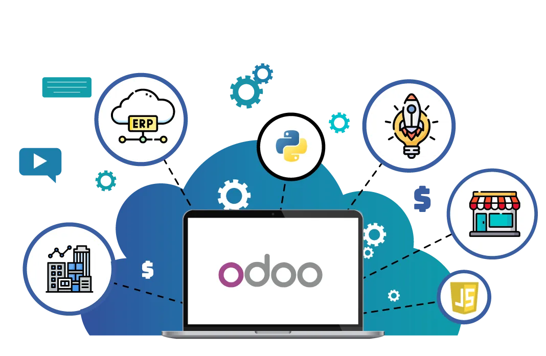 A business technology graphic highlighting Odoo Customization Services by Digital Dividend. The illustration displays a central open laptop screen with the official "odoo" logo, positioned in front of a large blue cloud backdrop decorated with rotating mechanical gear graphics and floating dollar signs. branch out from the main cloud are five circular blue-outlined icons showcasing enterprise software features and development languages: an industrial corporate building chart, a cloud-based ERP network, the Python programming language logo, a launching rocket inside a lightbulb, and a retail storefront, flanked by a JavaScript logo at the bottom right.