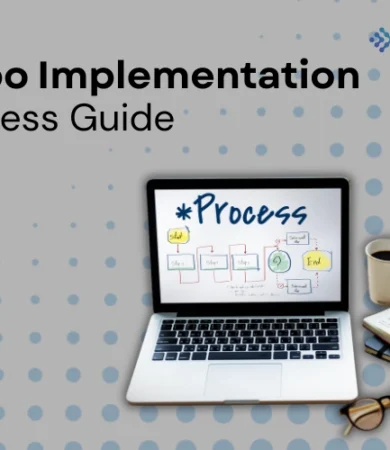A laptop displaying a step-by-step process diagram next to an open notebook and coffee cup, featuring the title Odoo Implementation Process Guide by Digital Dividend.