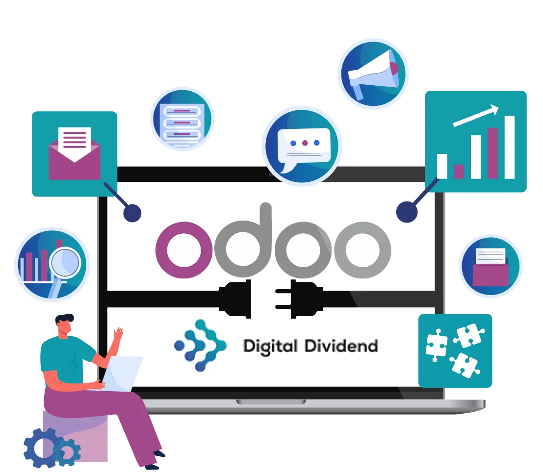 A business technology graphic illustrating Odoo Integration Services by Digital Dividend. The illustration features a large open laptop screen displaying the official "odoo" logo above two electrical power plugs set to connect, alongside the "Digital Dividend" brand logo below. On the bottom-left, a professional sits on a block with laptop and gear graphics, gesturing toward the screen. Surrounding the laptop are various colorful enterprise software integration icons representing business tools, including an email envelope, a data server tower, a chat message bubble, a megaphone, financial growth bar charts, puzzle pieces, a document folder, and a data-tracking magnifying glass.