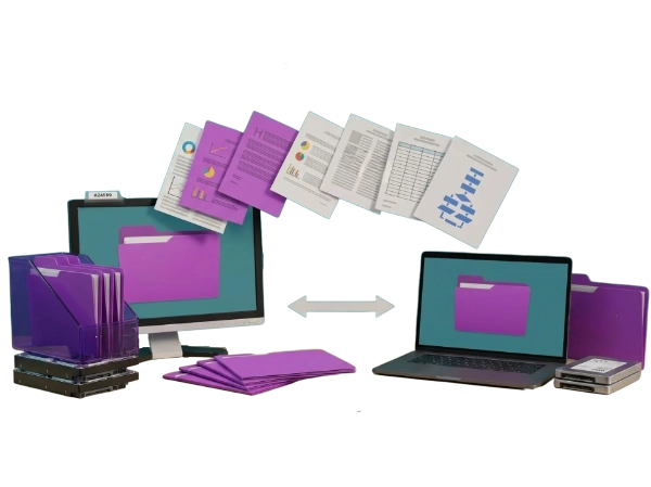 A conceptual data migration graphic illustrating Odoo migration and upgrade services by Digital Dividend. The image features a desktop computer monitor on the left and a laptop on the right, both displaying identical purple folder icons on their screens to signify seamless data synchronization. A sequence of floating document pages containing charts, spreadsheets, text paragraphs, and data flowcharts arcs between the two screens, while a double-headed horizontal grey arrow points to both devices. The setup is surrounded by purple physical folders, folder organizers, and internal hard drive disks, representing a structured server-side data transition on a clean white background.