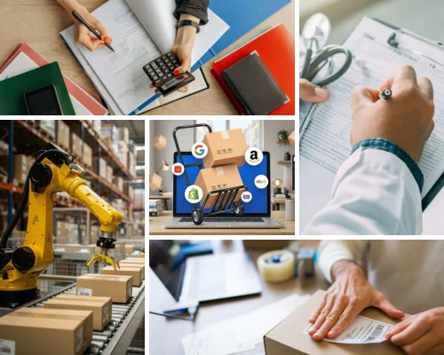 A five-panel collage demonstrating Odoo upgrade services in the US industries we serve by Digital Dividend. The collage highlights diverse market applications: the top-left panel shows a professional analyzing corporate financial books with a calculator; the large right panel depicts a healthcare setting with a doctor filling out medical documents next to a stethoscope; the bottom-left panel illustrates automated manufacturing with a yellow robotic arm packing cardboard boxes on a conveyor belt; the center panel features a logistics display of a hand truck carrying boxes over an open laptop showing e-commerce integrations; and the bottom-right panel highlights e-commerce fulfillment with a worker applying a shipping label to a parcel.