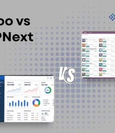 A comparison banner analyzing Odoo vs ERPNext by Digital Dividend. Set against a solid grey background patterned with a subtle blue halftone dot matrix, the top-left side displays the bold comparison headline, while the corporate "Digital Dividend" logo is positioned in the top-right corner. A central white "VS" graphic separates two floating software interface screens: an ERP dashboard on the bottom-left showing an analytics data overview with blue financial graphs, revenue metrics, and pie charts, and a multi-app grid module layout on the top-right displaying an array of enterprise software modules ready for installation.