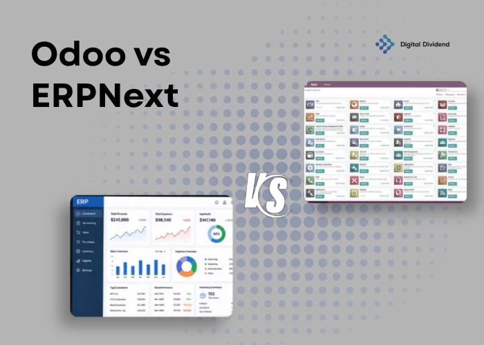 A comparison banner analyzing Odoo vs ERPNext by Digital Dividend. Set against a solid grey background patterned with a subtle blue halftone dot matrix, the top-left side displays the bold comparison headline, while the corporate "Digital Dividend" logo is positioned in the top-right corner. A central white "VS" graphic separates two floating software interface screens: an ERP dashboard on the bottom-left showing an analytics data overview with blue financial graphs, revenue metrics, and pie charts, and a multi-app grid module layout on the top-right displaying an array of enterprise software modules ready for installation.
