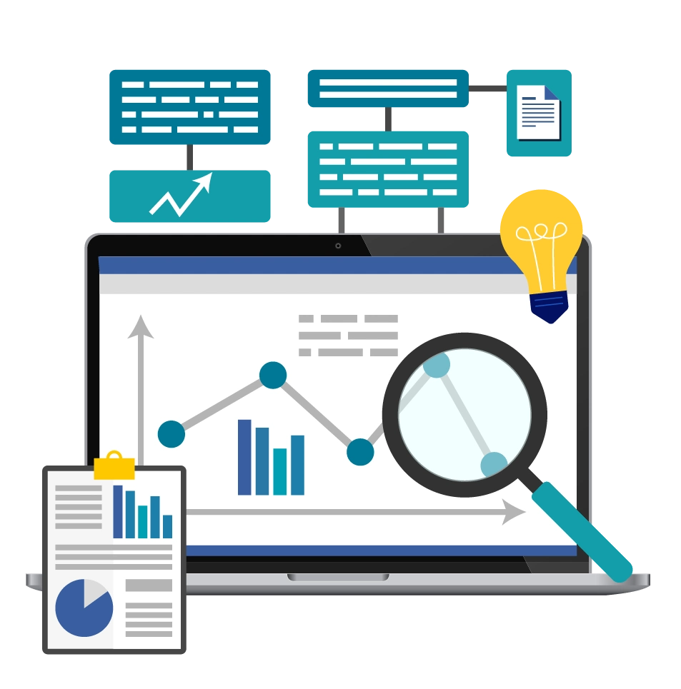 A laptop screen surrounded by flowcharts, a magnifying glass inspecting data charts, a lightbulb icon, and financial analytics documents, illustrating Research and development consulting services by Digital Dividend.