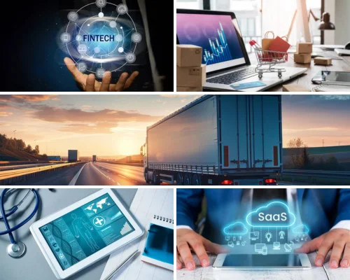 A multi-panel grid illustrating key sectors including Fintech, E-commerce, Logistics, Healthcare, and SaaS, answering What industries use Node.js development by Digital Dividend.