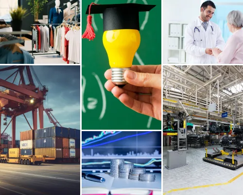 A multi-panel collage graphic detailing the Industries what industries use Odoo integration services Digital-Dividendby Digital Dividend. The left side displays a clothing boutique retail store with garments on hangers, situated above a shipping port logistics scene featuring stacked cargo containers and massive industrial cranes. The center shows a hand holding a glowing yellow lightbulb wearing a graduation cap against a green chalkboard, above stacked coins on a financial ledger with a blue trading chart background. The right side features a doctor consulting with an elderly healthcare patient and a wide view of an automated manufacturing assembly factory line.