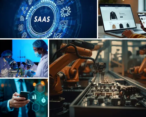 A collage highlighting sectors like SaaS, e-commerce, healthcare laboratory research, finance, and industrial automation, answering What industries use R&D consulting services by Digital Dividend.