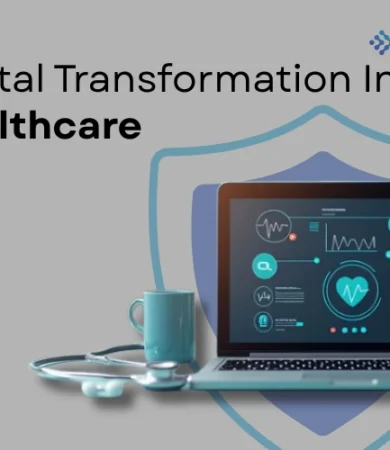 Informational banner highlighting Digital Transformation in Healthcare by Digital Dividend, featuring a laptop screen with health analytics dashboards alongside a stethoscope.