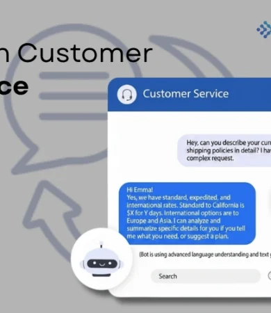 Digital Dividend web banner titled "NLP In Customer Service" displaying an AI chatbot conversation interface handling shipping policy queries.