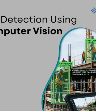 Digital Dividend web banner titled "PPE Detection Using Computer Vision" displaying construction workers highlighted with AI bounding boxes for safety compliance checks.