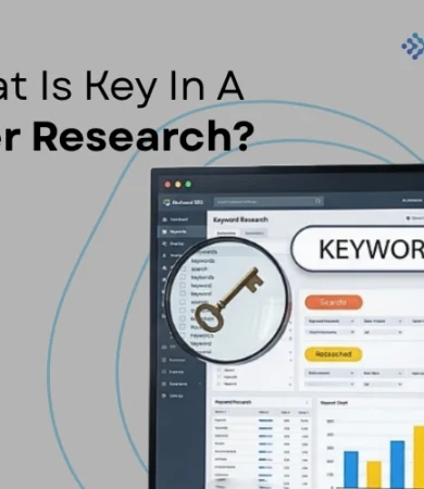 Informational banner asking "What Is Key in User Research" by Digital Dividend, featuring a laptop display with SEO keyword research dashboards, charts, and key icons.