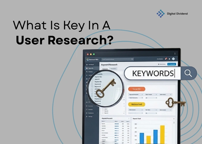 Informational banner asking "What Is Key in User Research" by Digital Dividend, featuring a laptop display with SEO keyword research dashboards, charts, and key icons.